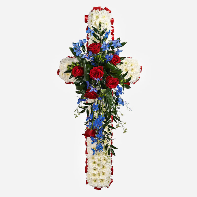 Cross SYM-329 - White Massed 120cm Cross with Red & Blue Spray. 
